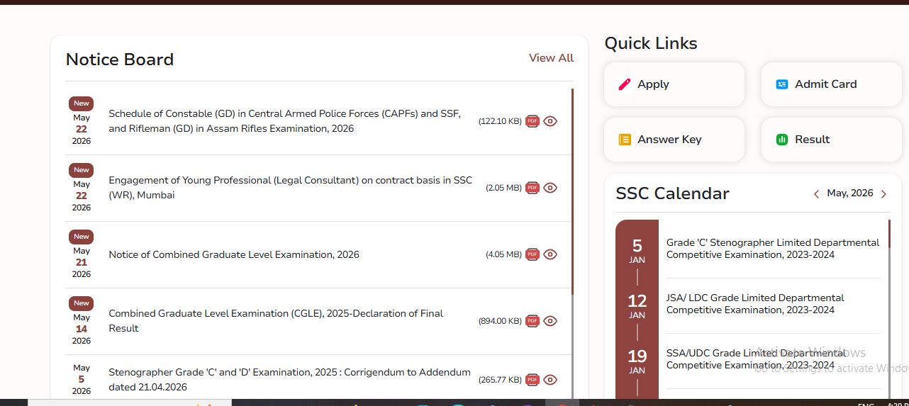Screenshot of https://ssc.gov.in/notice-board on Sun, 24 May 2026 14:40:55 GMT